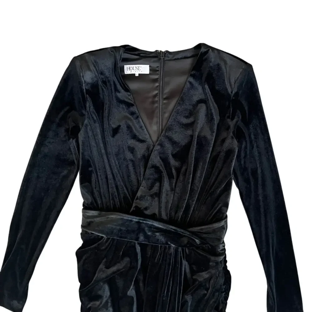 House of CB Women’s Farrah Black Velvet Plunge Neckline Mini Dress Size Large